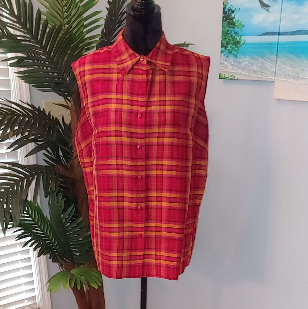 Size 1x Silk, Sleeveless Plaid Blouse/Shirt